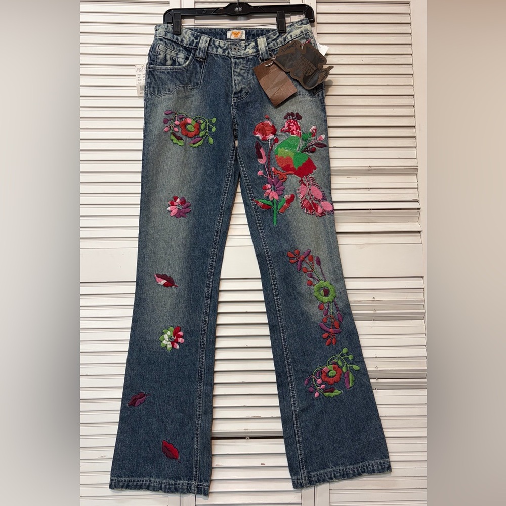 Antik Denim Flare Jeans Womens 27 Blue Floral Embroidered Wide Leg ANTWF02277